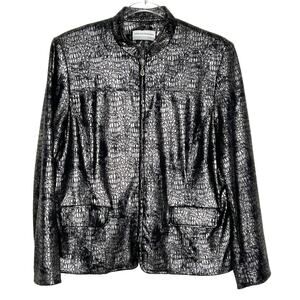 ALFRED DUNNER Petite Metallic Snakeskin Full Zip Up Jacket Black Silver Size 12P